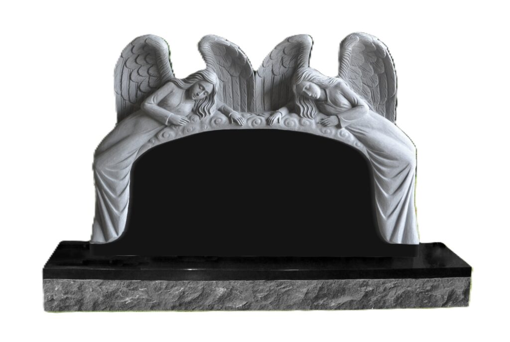 Double Angel Headstone on Clouds Two sculpted angels in a mourning pose lean over a blank black plaque, symbolizing remembrance and loss. Suitable for a gravestone.
