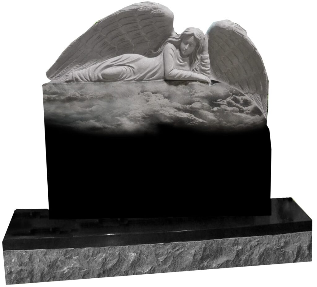 Angel Lying on Clouds A marble angel sculpture rests on a cloud, symbolizing peace and remembrance, serving as a gravestone in a memorial context.