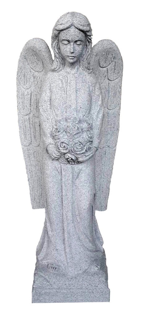 Angel with Flowers Statue Stone angel statue with outstretched wings, holding a bouquet of roses, symbolizing peace and remembrance. Ideal for memorial settings.