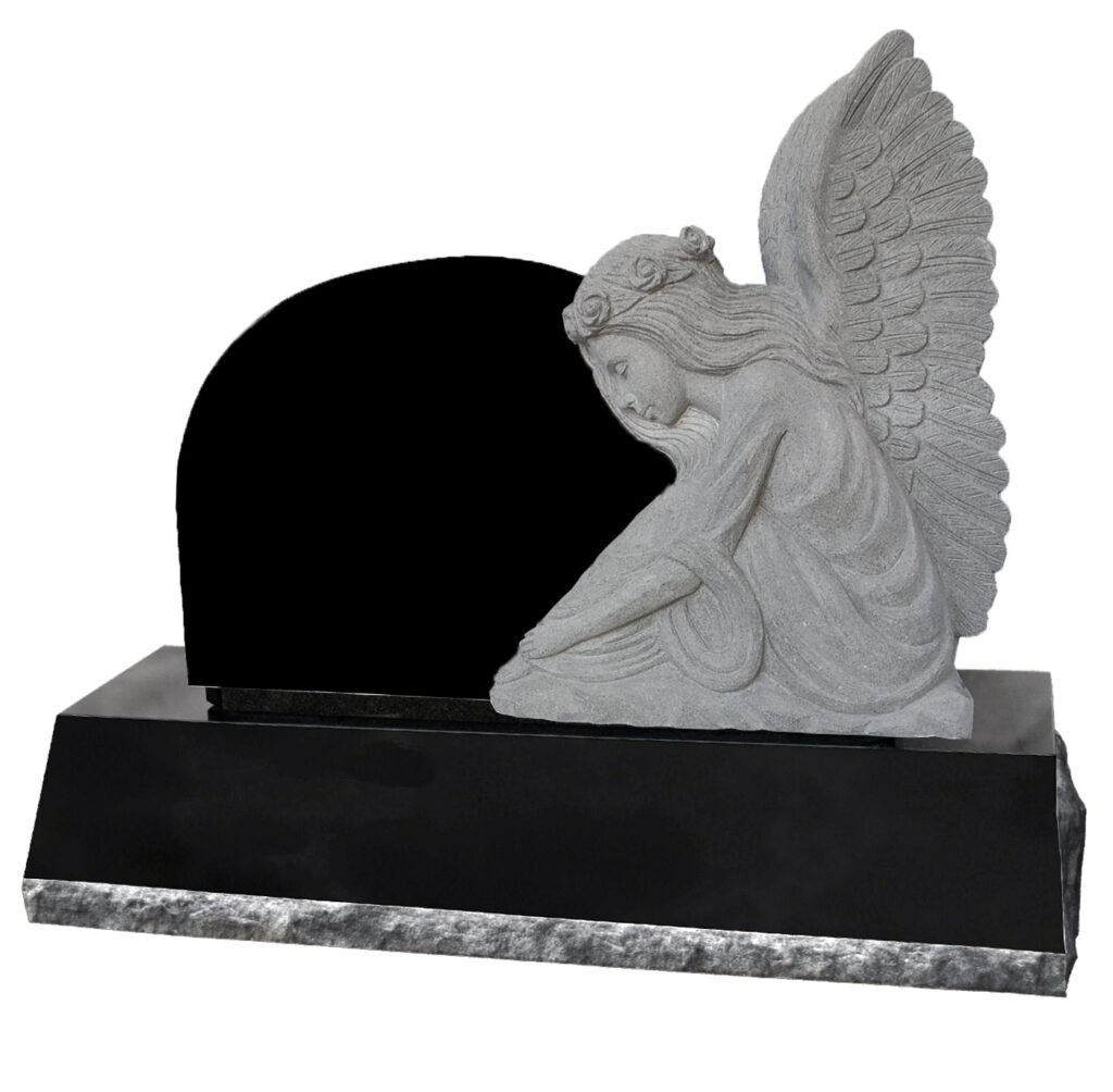 Angel Headstone with Flowers in Hair A granite memorial featuring a seated angel figure beside a blank headstone, set on a grassy landscape, symbolizes remembrance and mourning.