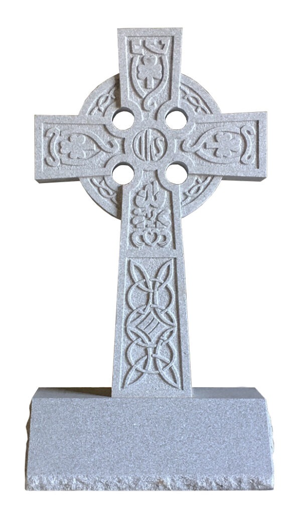 Celtic Cross - 46" Tall Celtic cross monument featuring intricate carvings and four circular openings, symbolizing faith and heritage, displayed on a stone base.