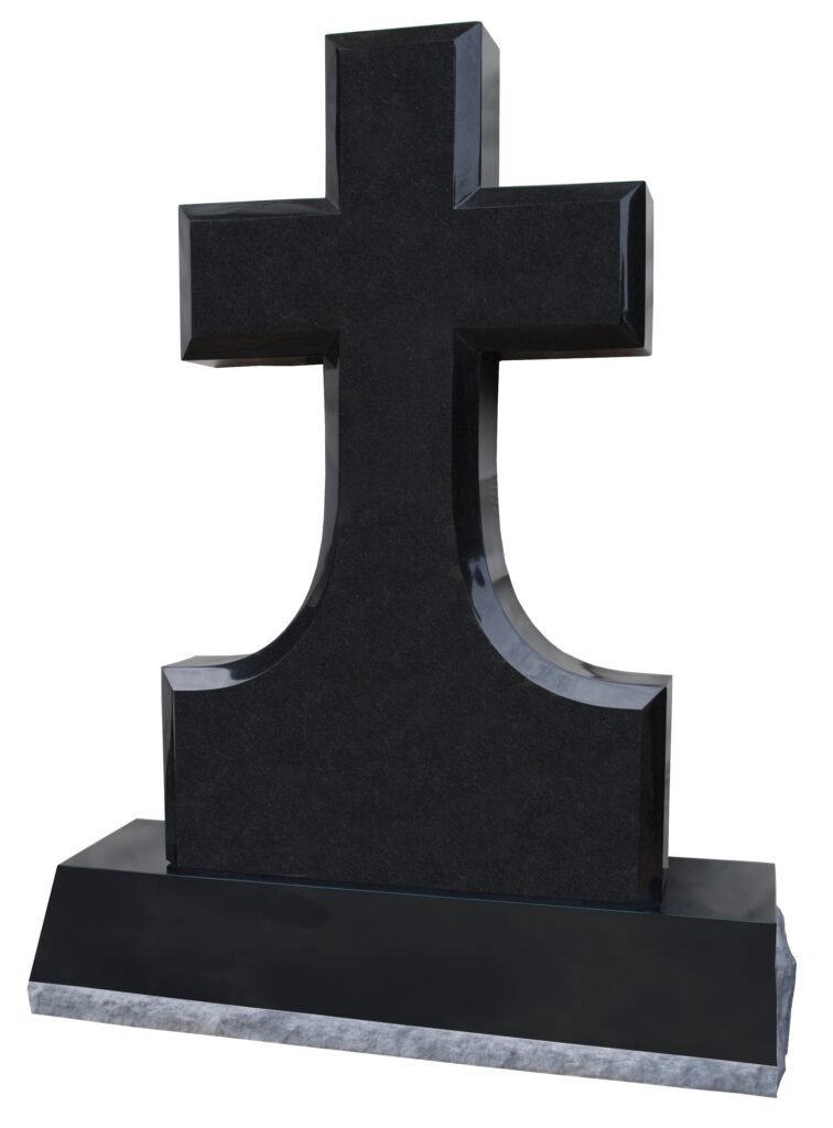 Cross Headstone (small) Sleek black granite cross, angled view, showcasing its polished surface and modern design, often used for memorials or grave markers.