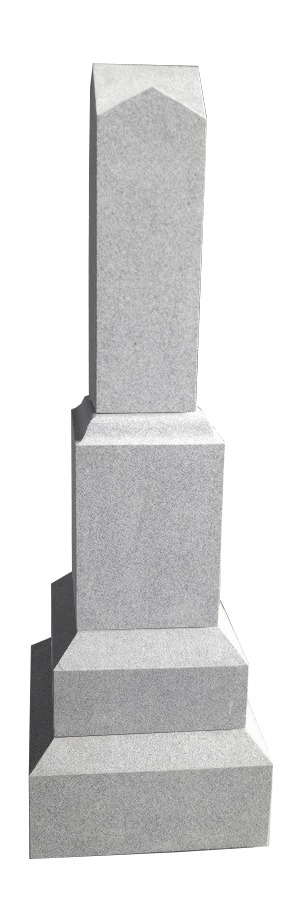 Double Roof Top Obelisk Gray granite monument with a prominently tapered top, featuring tiered rectangular bases. It serves as a memorial marker.