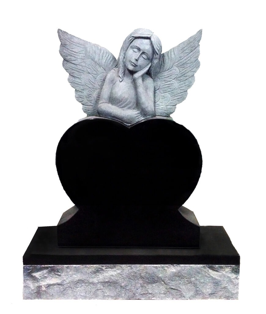 Dreaming Angel Heart A carved angel sculpture rests on a heart-shaped base, symbolizing love and remembrance.