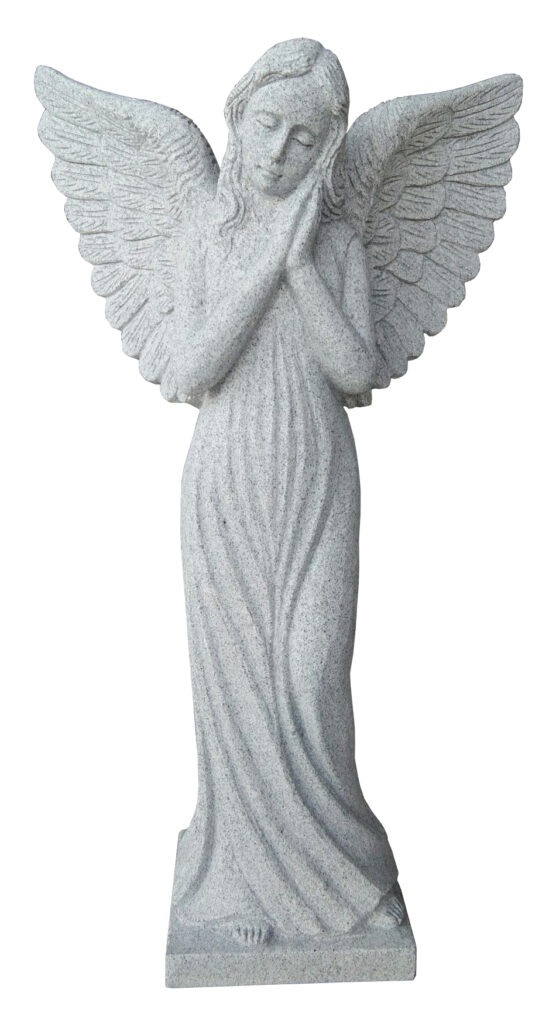 Dreaming Angel Statue Gray stone angel statue with detailed wings and a serene expression, hands clasped in prayer. Symbolizes hope and spirituality.