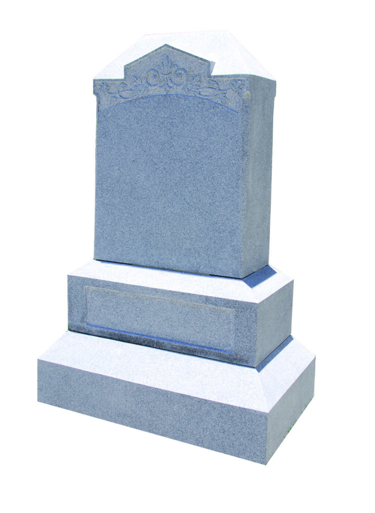 Fancy Rooftop Headstone Gray granite headstone with an ornate top design and a blank inscription area, symbolizing remembrance in a cemetery context.