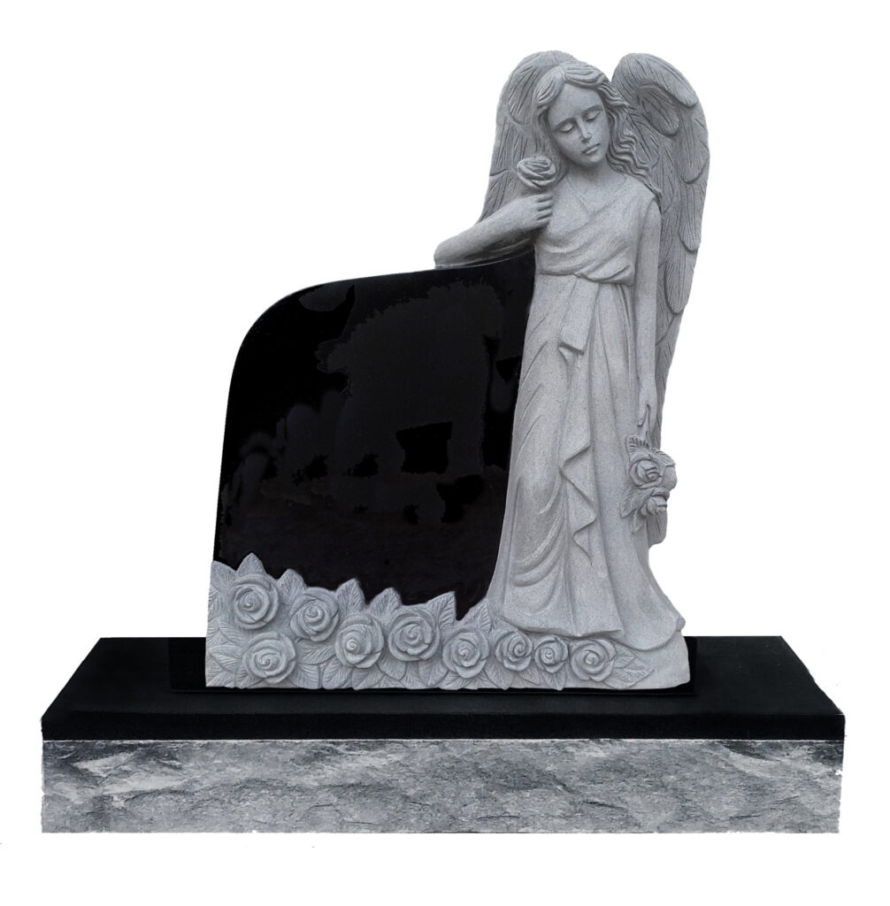 Flower Angel Headstone A detailed gravestone featuring an angelic figure holding a rose, set against a polished black background and adorned with carved roses at its base.