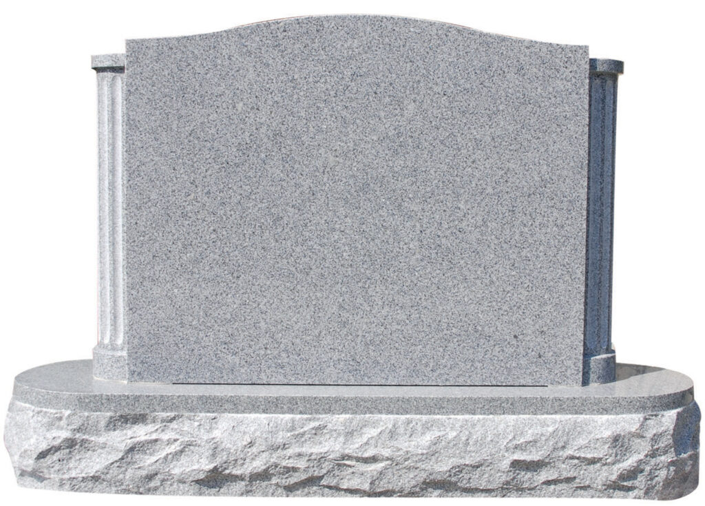 Fluted Columns 1 Gray granite headstone on a white background with fluted columns on the sides, with options for gray and black colors. Suitable for memorial purposes.