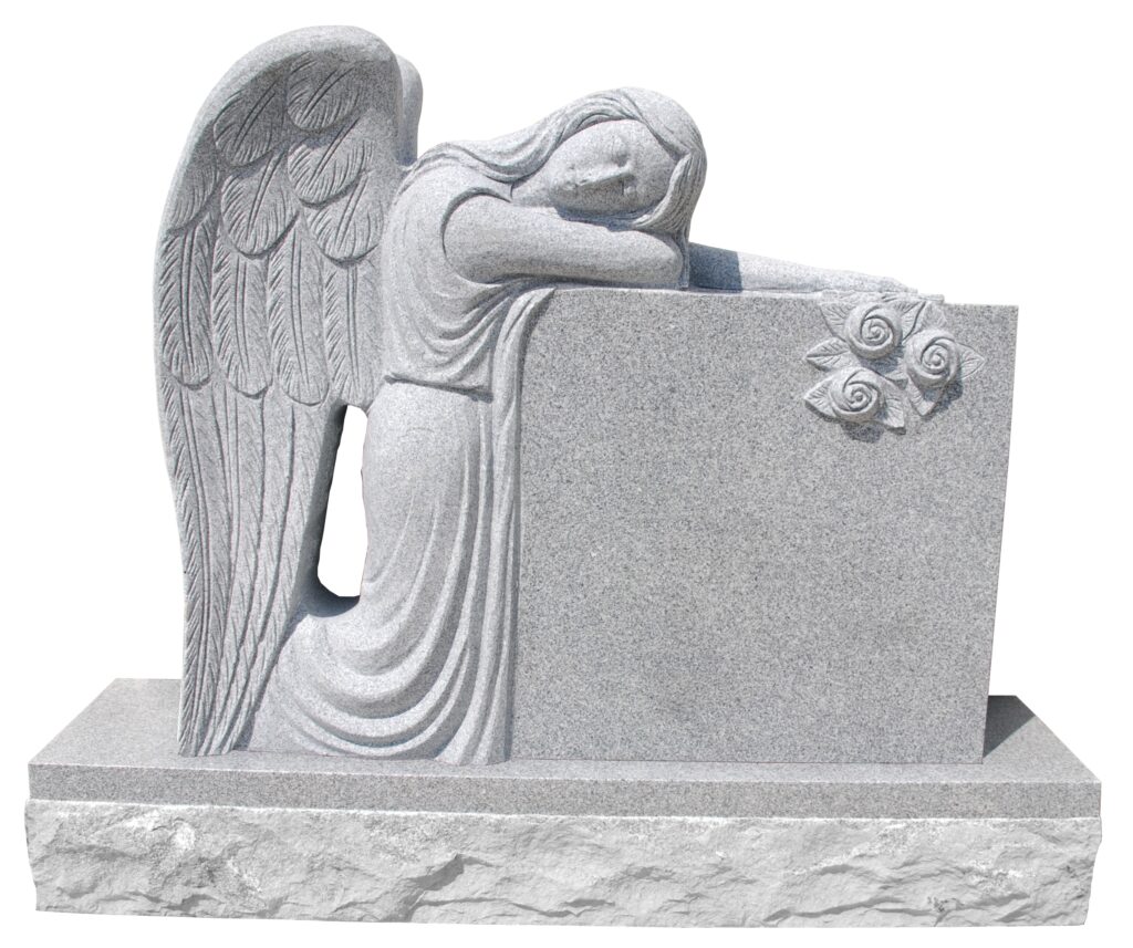 Kneeling Angel 1 A sorrowful granite angel leans on a tombstone, depicting grief and remembrance, often found in cemeteries as a symbol of loss.