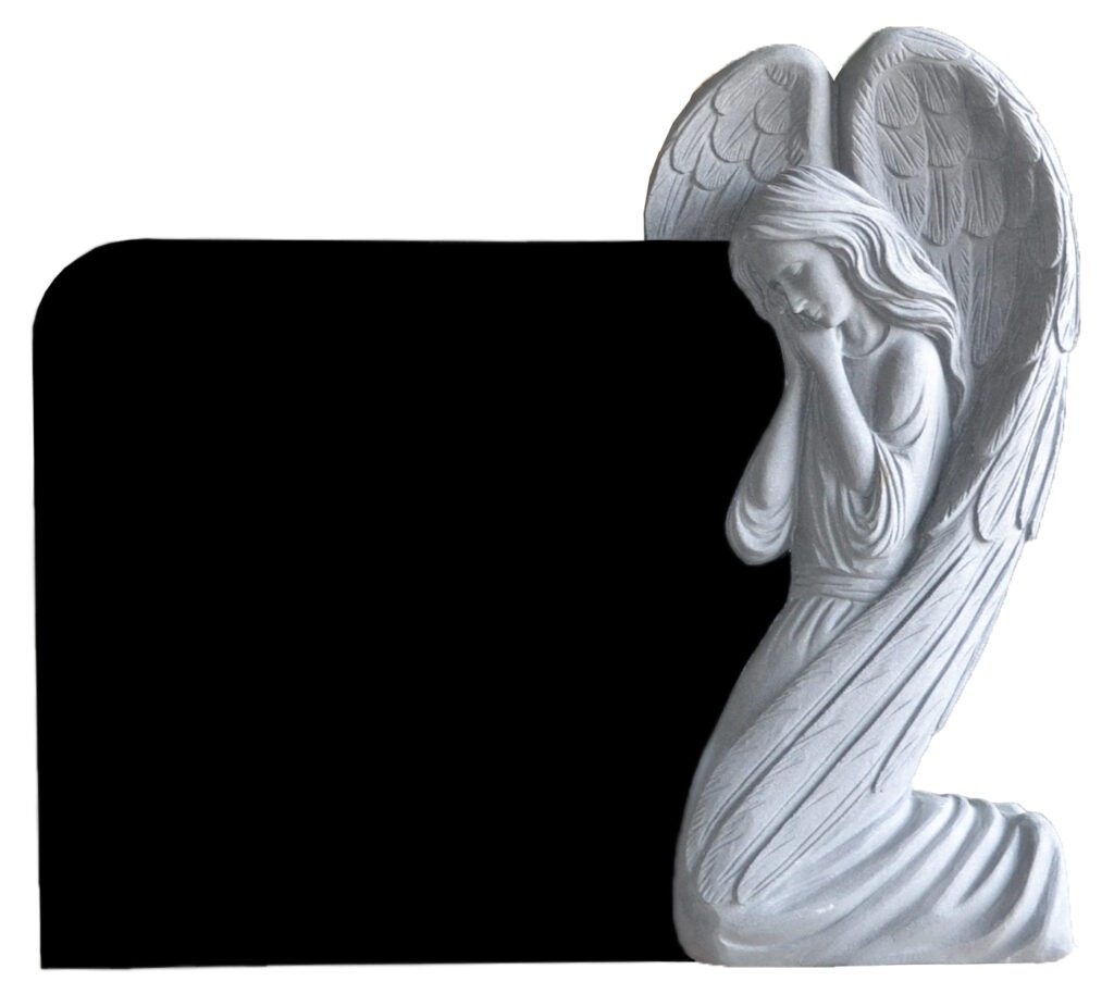 Peaceful Kneeling Angel A sorrowful angel statue leans against a polished black grave marker, set on a textured gray base, in a tranquil green landscape.