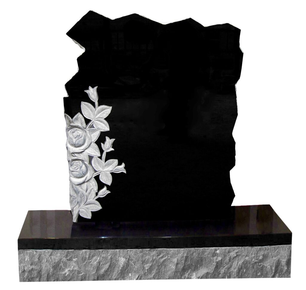 Rock with Flowers Black granite gravestone with floral design on the left, set on a gray base, displayed on a white background. Standard colors include gray and black.
