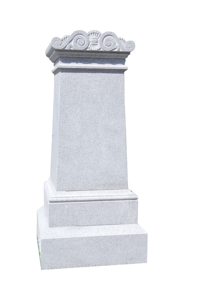 Scroll Top 1A Headstone, Tall gray granite monument with a decorative scrollwork top, symbolizing remembrance and honoring a significant person or event.