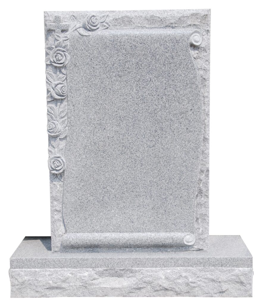 Scroll with Cross and Flowers.Gray tombstone with floral design