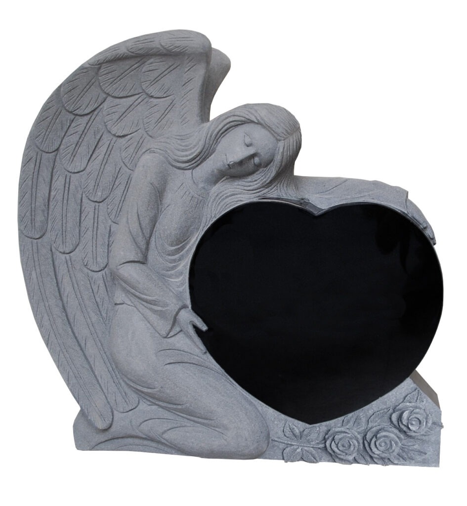 Gray stone angel sculpture cradling a heart-shaped black plaque, symbolizing remembrance and love, suitable for a memorial setting.