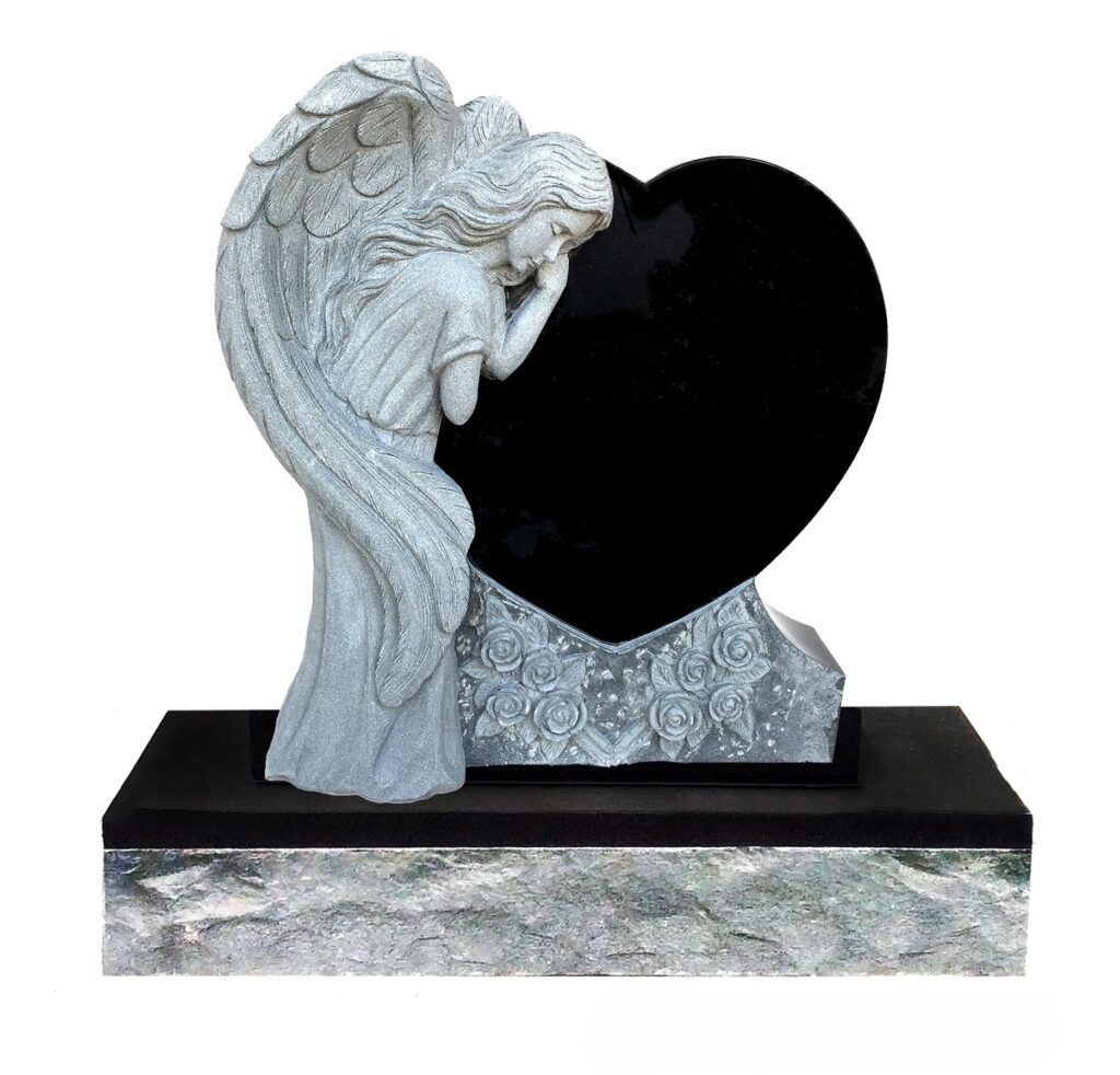 An Angel heart-shaped memorial featuring a comforting angel sculpture, symbolizing remembrance and grief, ideal for honoring a loved one.