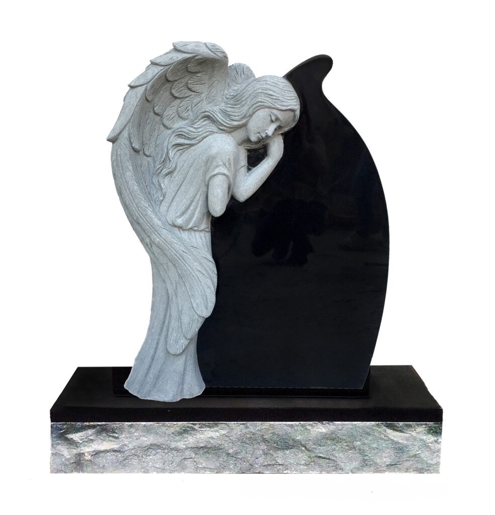 Single Angel Tear Drop Headstone with angle in a mourning position.