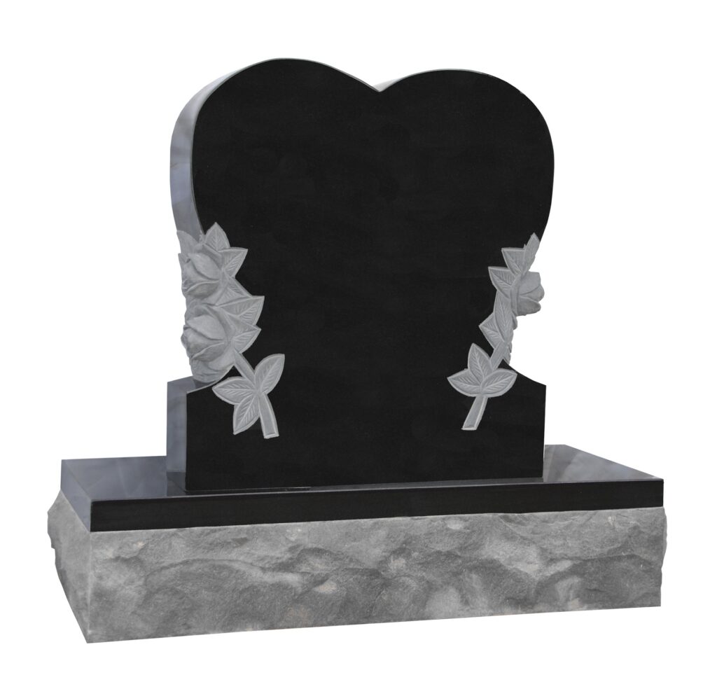 Black granite Single Heart with Flower headstone with intricately carved roses and leaves on one side, symbolizing love and remembrance.