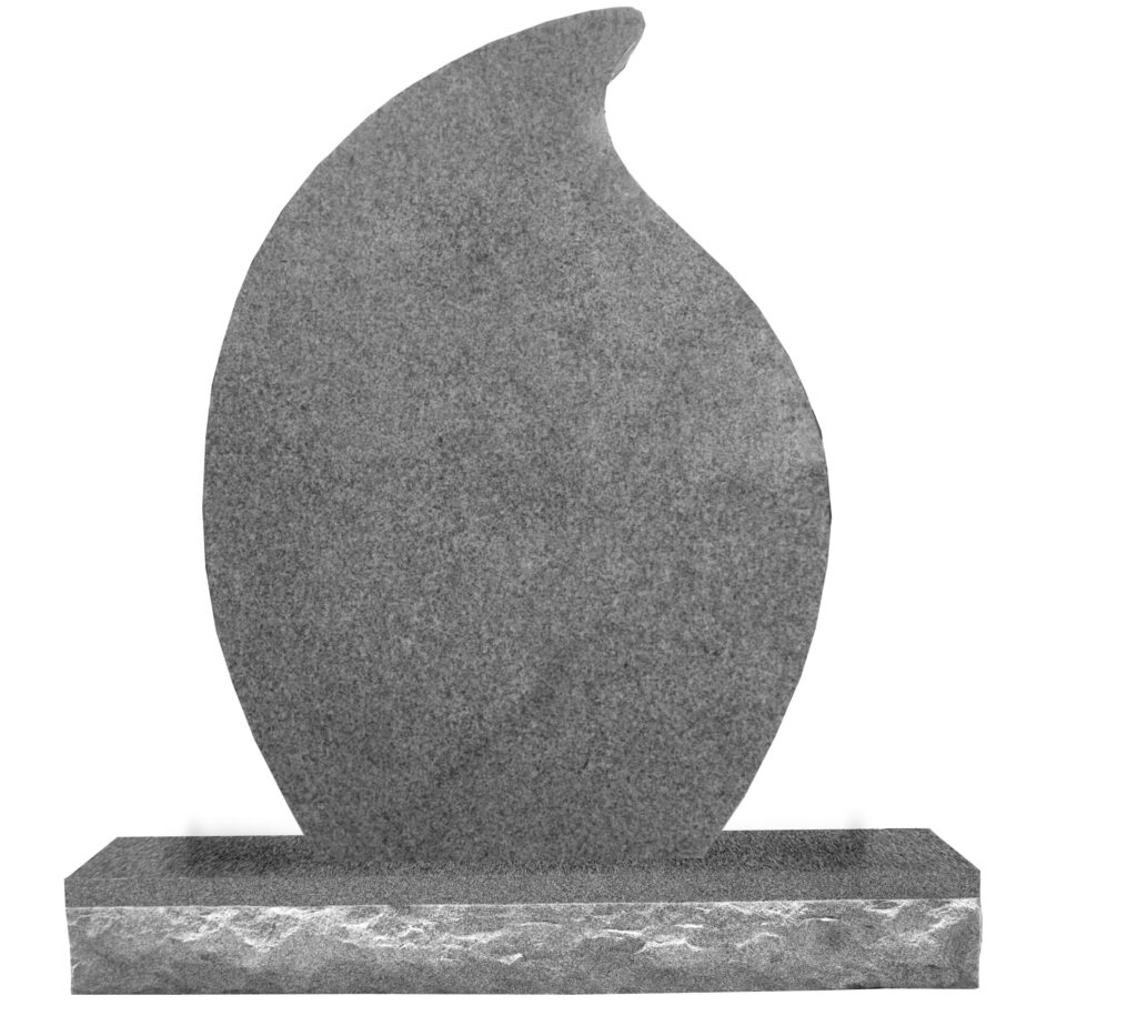 Stylized gray granite Tear Drop Headstone with a curved, flame-like design, set on a rectangular base, symbolizing remembrance or tribute.