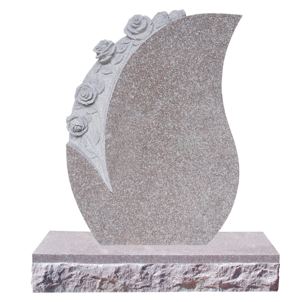 Granite headstone with an elegant flame shape, adorned with carved roses along one side, resting on a solid rectangular base.