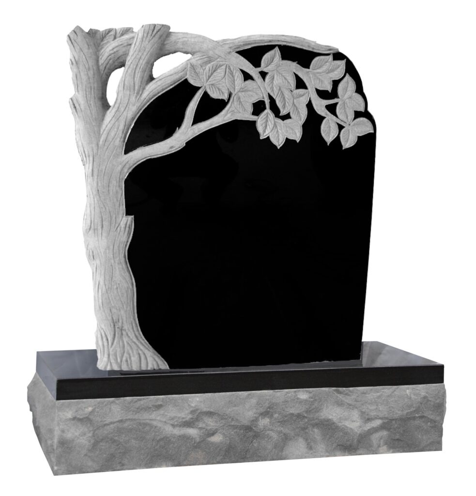Elegant granite headstone featuring a sculpted tree and leaves design on a polished black surface, symbolizing remembrance and nature.