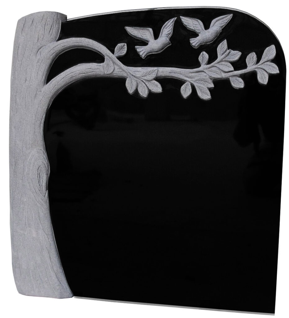 A black tree with doves memorial stone features a carved tree and birds, symbolizing peace and remembrance, suitable for honoring a loved one.