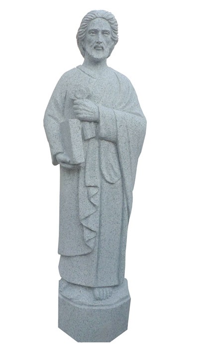 St. Peter Granite statue of a robed figure holding a book, symbolizing wisdom or knowledge. Relevant for discussions on art or religious themes.