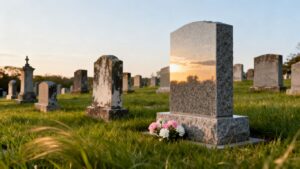 Granite headstone in a peaceful cemetery setting.