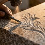 Close-up of a custom headstone being carved.