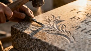 Close-up of a custom headstone being carved.