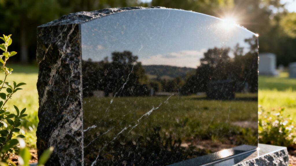 Polished granite memorial stone outdoors in Georgia.