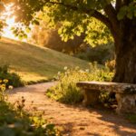 Garden path with stone bench and wildflowers.