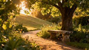 Garden path with stone bench and wildflowers.