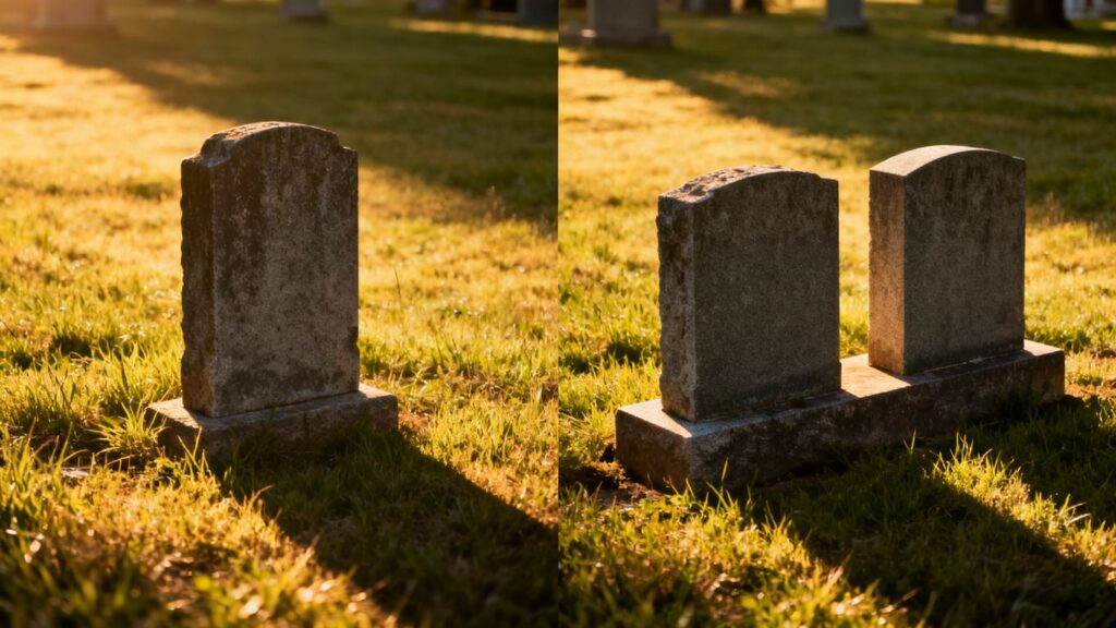 Single headstone versus companion headstones in a cemetery.