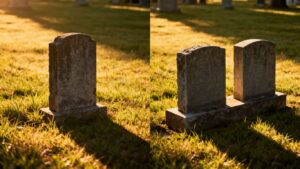 Single headstone versus companion headstones in a cemetery.