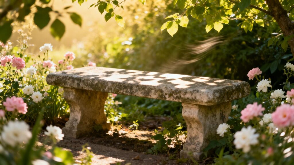 Peaceful garden with stone bench and flowers.