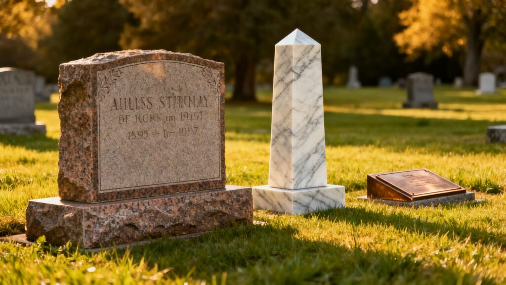 Cemetery with diverse headstone styles and natural scenery.