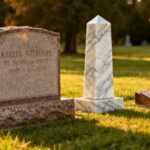 Cemetery with diverse headstone styles and natural scenery.