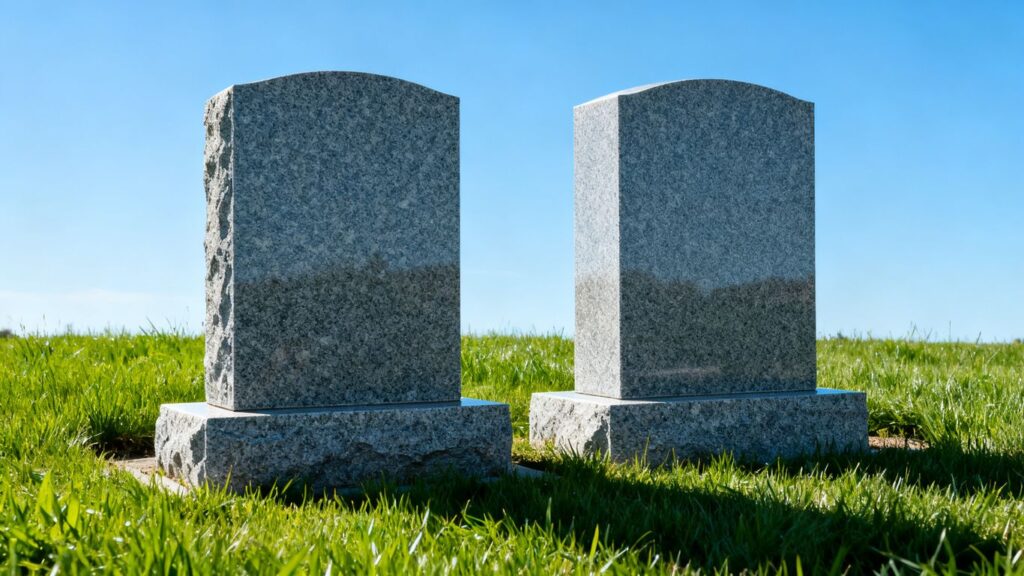 Two companion headstones in a cemetery.