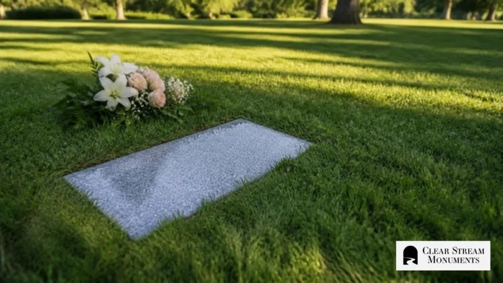 Gray granite flat grave marker set level with a cemetery lawn