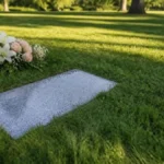 Gray granite flat grave marker set level with a cemetery lawn