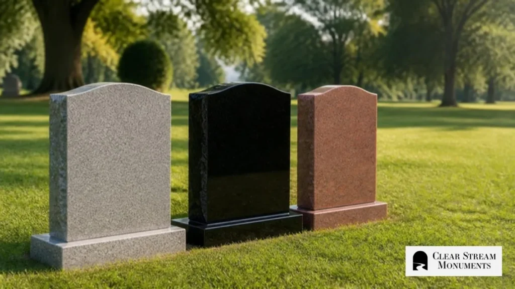 Granite headstones in gray, black, and rose tones showing different memorial stone colors.