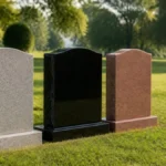 Granite headstones in gray, black, and rose tones showing different memorial stone colors.